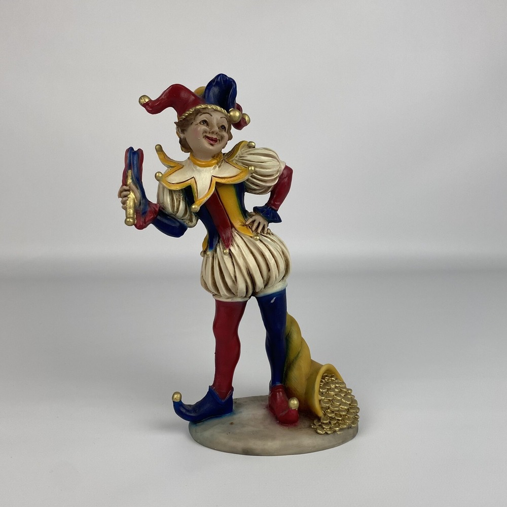Vivian C. Art Figurine Clown Gold Costume Hat Resin 1998 Yellow Red Blue 8"